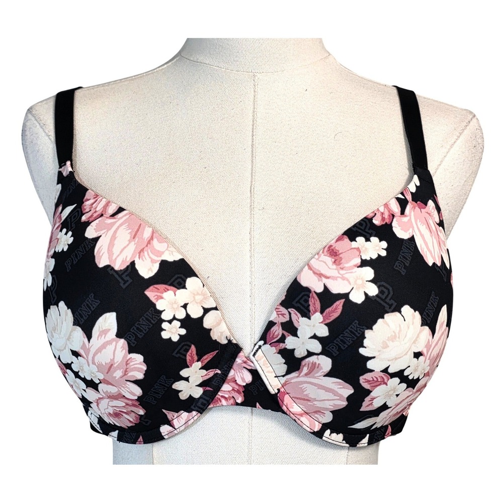 Victoria's Secret PINK Wear Everywhere Bra Women 36D Black Floral Excellent Logo